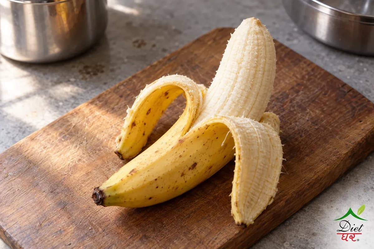 Banana, photographed as one ripe yellow banana, in a home kitchen