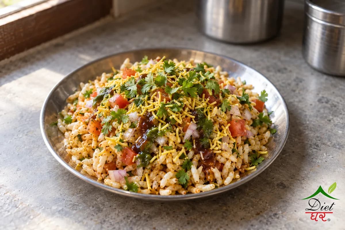 A plate of bhel puri with sev, onion, tomato and chutneys