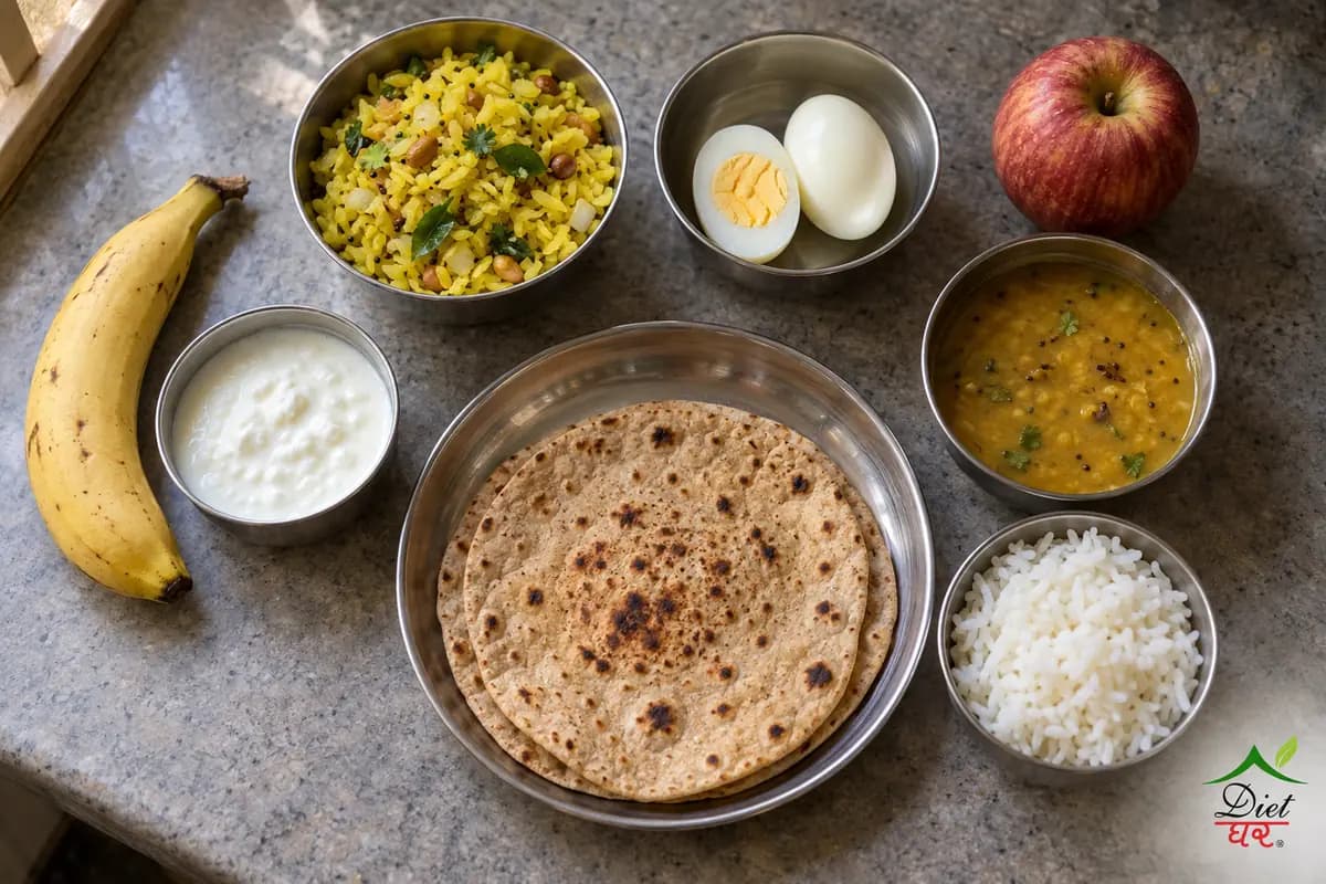 Everyday Indian foods in steel bowls on a kitchen counter, seen from above, including roti, rice, dal, poha, eggs, curd and fruit