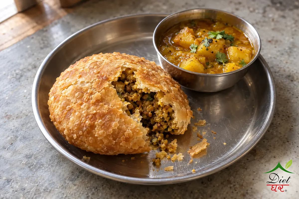 A khasta kachori broken open to show the filling, with a bowl of aloo curry