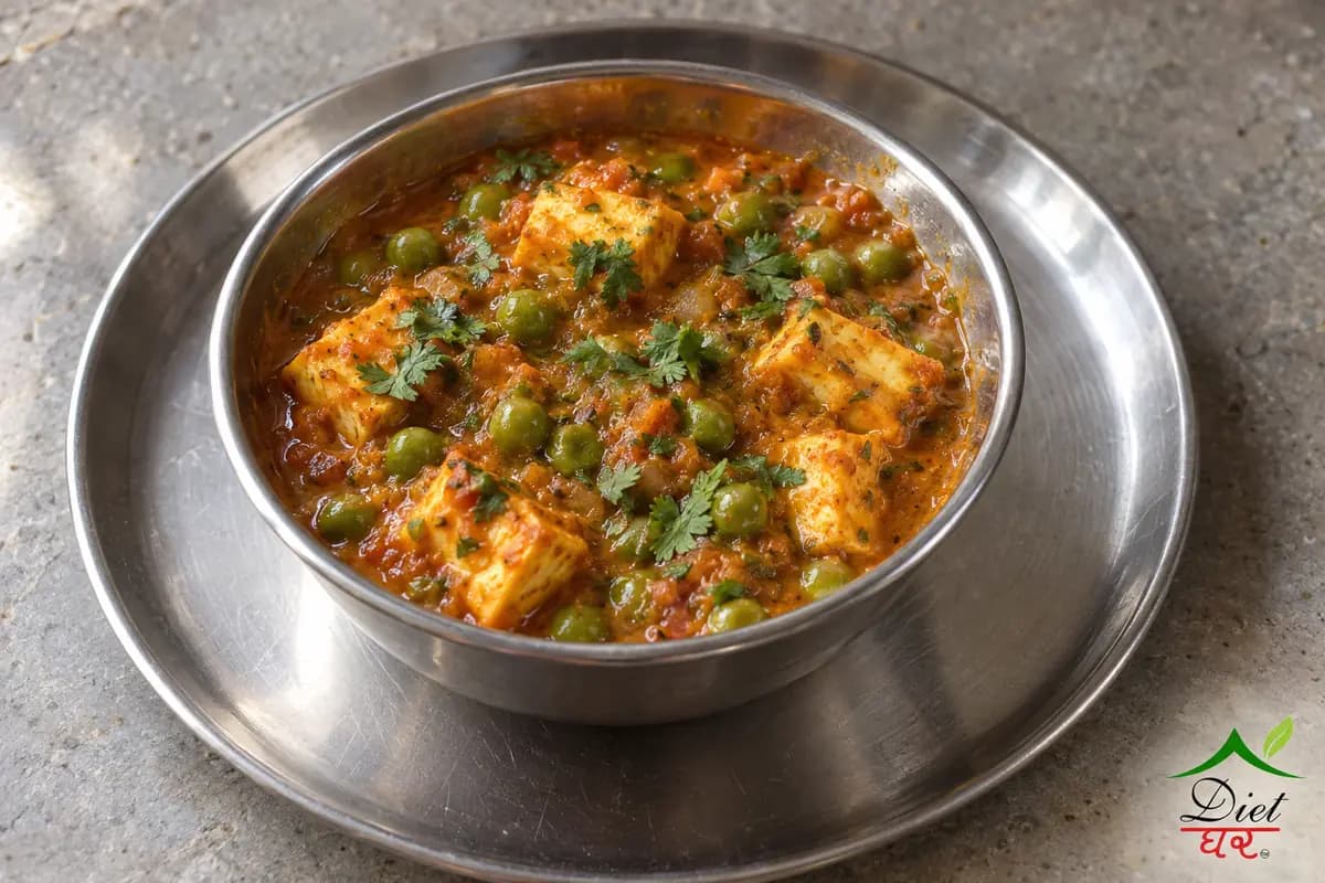 Matar paneer, photographed as one steel katori of matar paneer, in a home kitchen