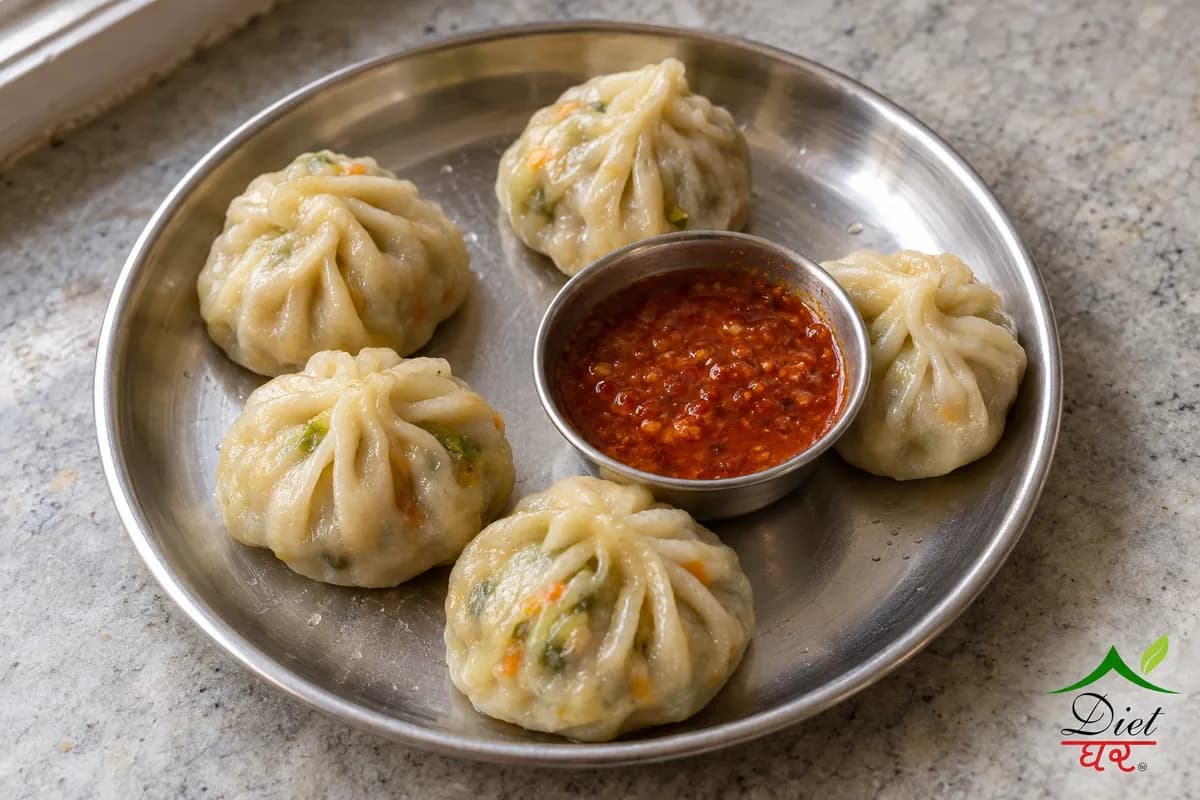 Veg momos, photographed as five steamed vegetable momos, in a home kitchen