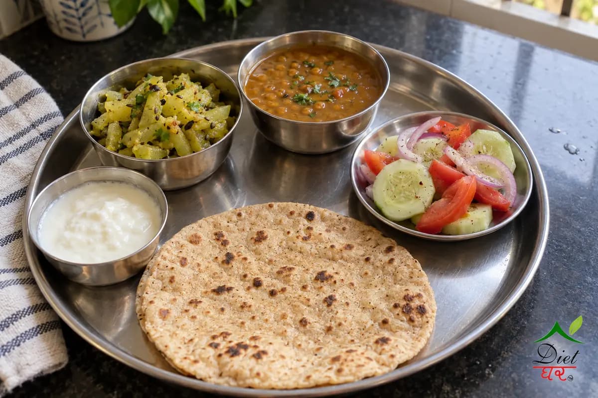 Monday lunch on the 1200 calorie plan: one roti, lauki sabzi, masoor dal, a small bowl of curd and a salad on a steel thali