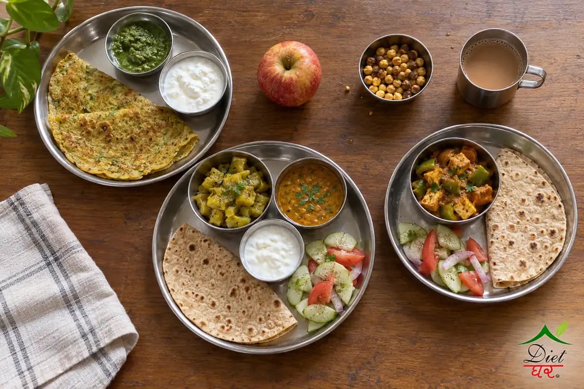 A full day of light Indian meals on a wooden table: moong dal cheela, an apple, a lunch thali, roasted chana with tea and a paneer dinner plate