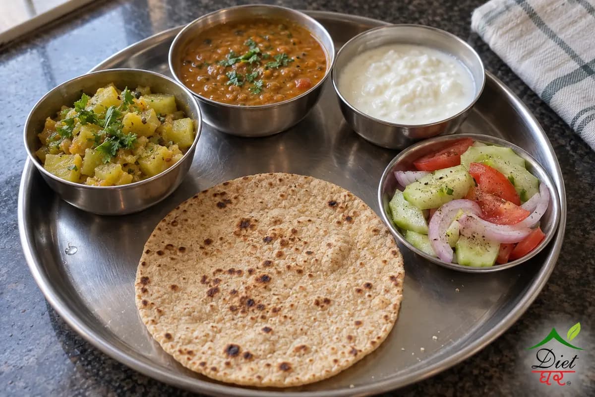 Monday lunch on the 1400 calorie plan: one roti, lauki sabzi, masoor dal, a katori of curd and a salad on a steel thali