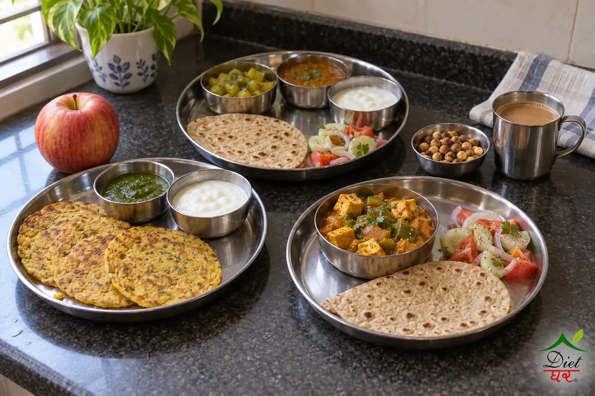 A full day of Indian meals on a kitchen counter: moong dal cheela, an apple, a lunch thali, roasted chana with tea and a paneer dinner plate