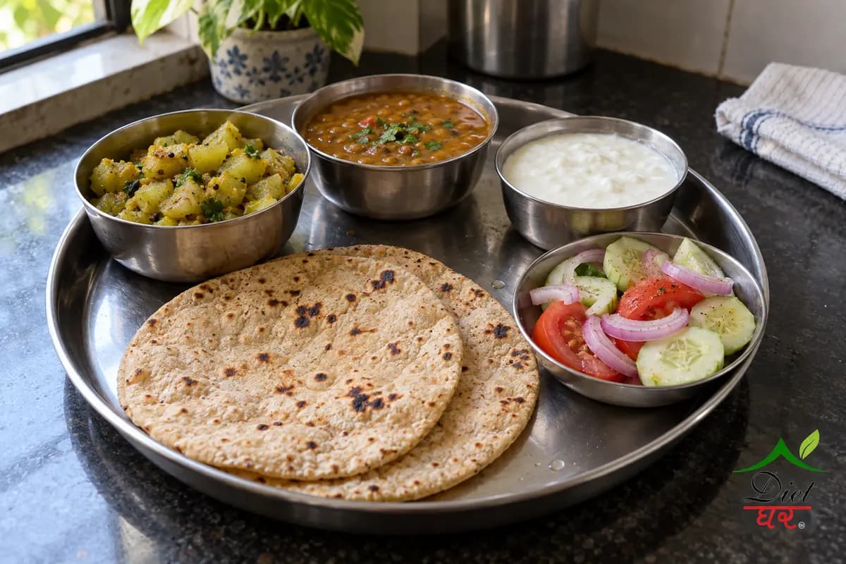 Monday lunch on the 1500 calorie plan: two rotis, lauki sabzi, masoor dal, a katori of curd and a salad on a steel thali