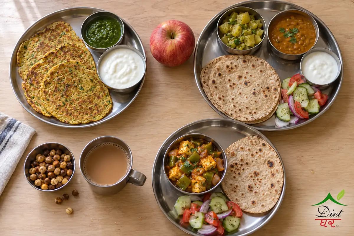 A full day of Indian meals on a wooden table: moong dal cheela, an apple, a lunch thali with two rotis, roasted chana with tea and a paneer dinner plate