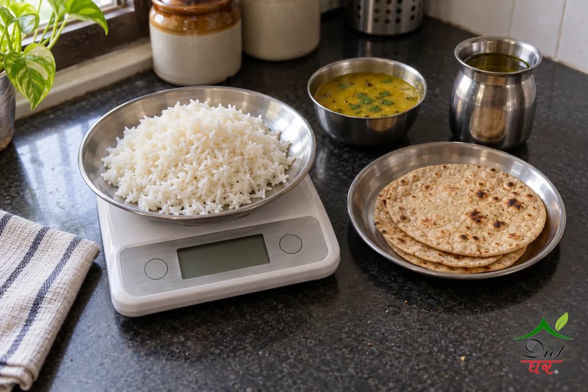 Cooked rice on a kitchen scale beside a plate of rotis, a katori of dal and a small jug of oil