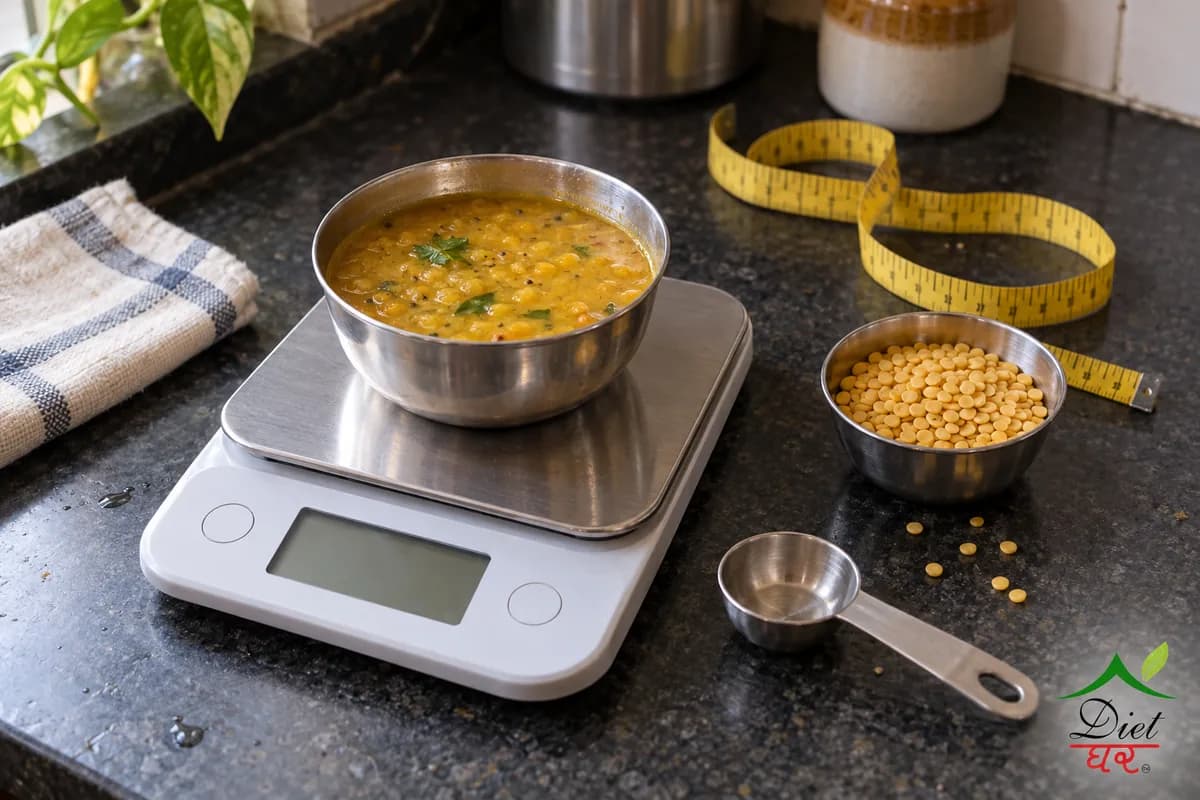 A kitchen scale holding a steel katori of dal, with a measuring tape, a bowl of raw dal and a measuring spoon on a kitchen counter