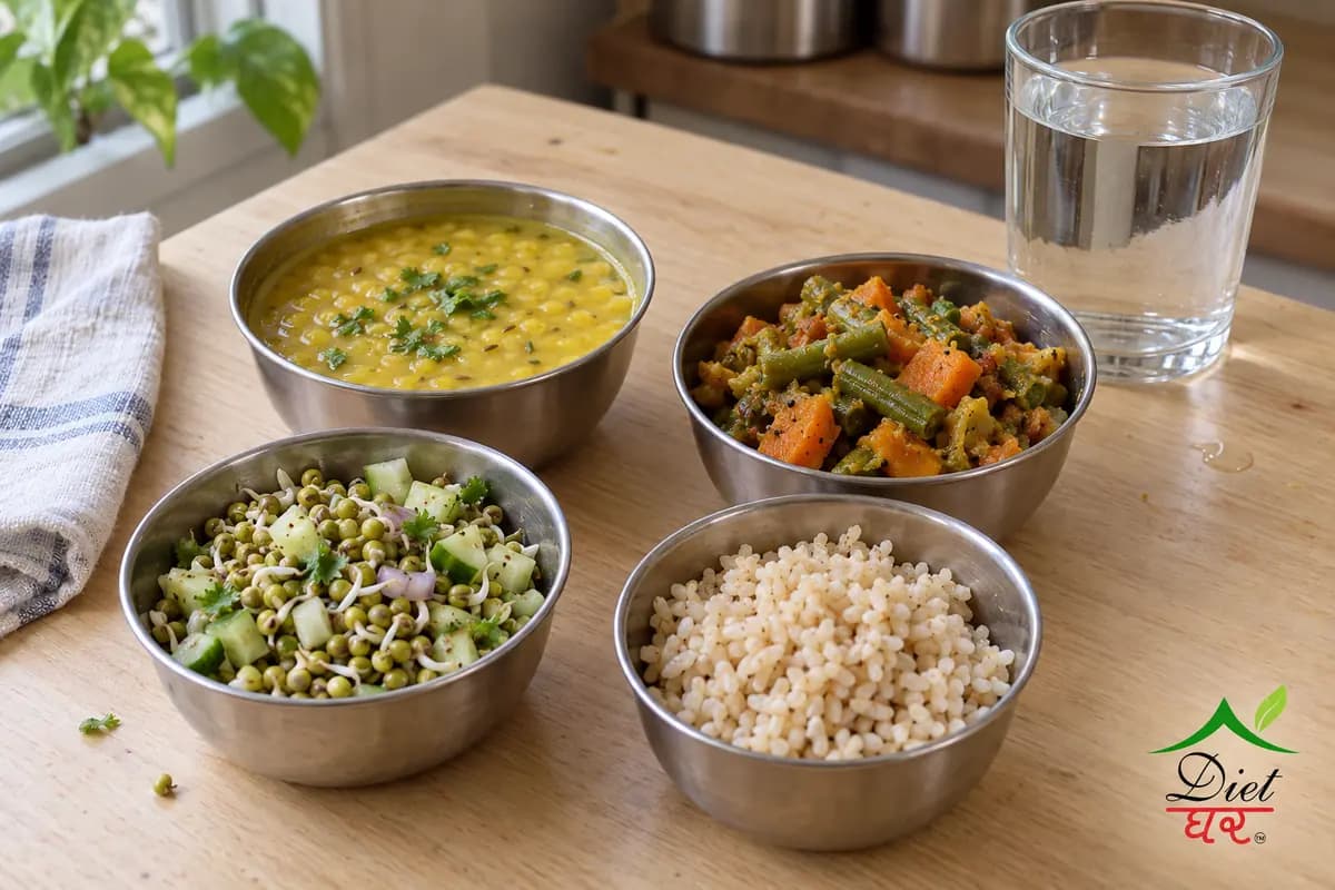 Four steel bowls of moong dal, mixed vegetable sabzi, sprouted moong salad and brown rice on a wooden table