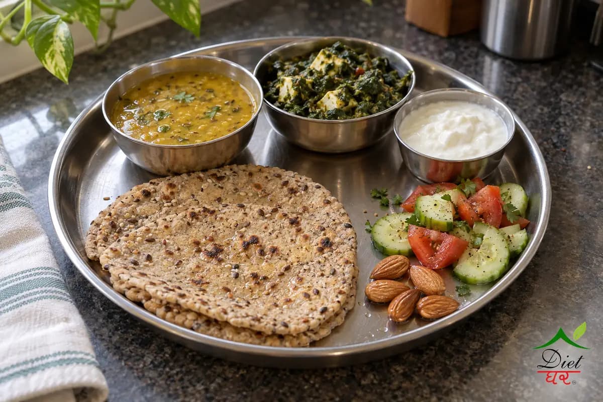 PCOS friendly Indian thali with multigrain rotis, dal, spinach and paneer sabzi, curd, salad and almonds