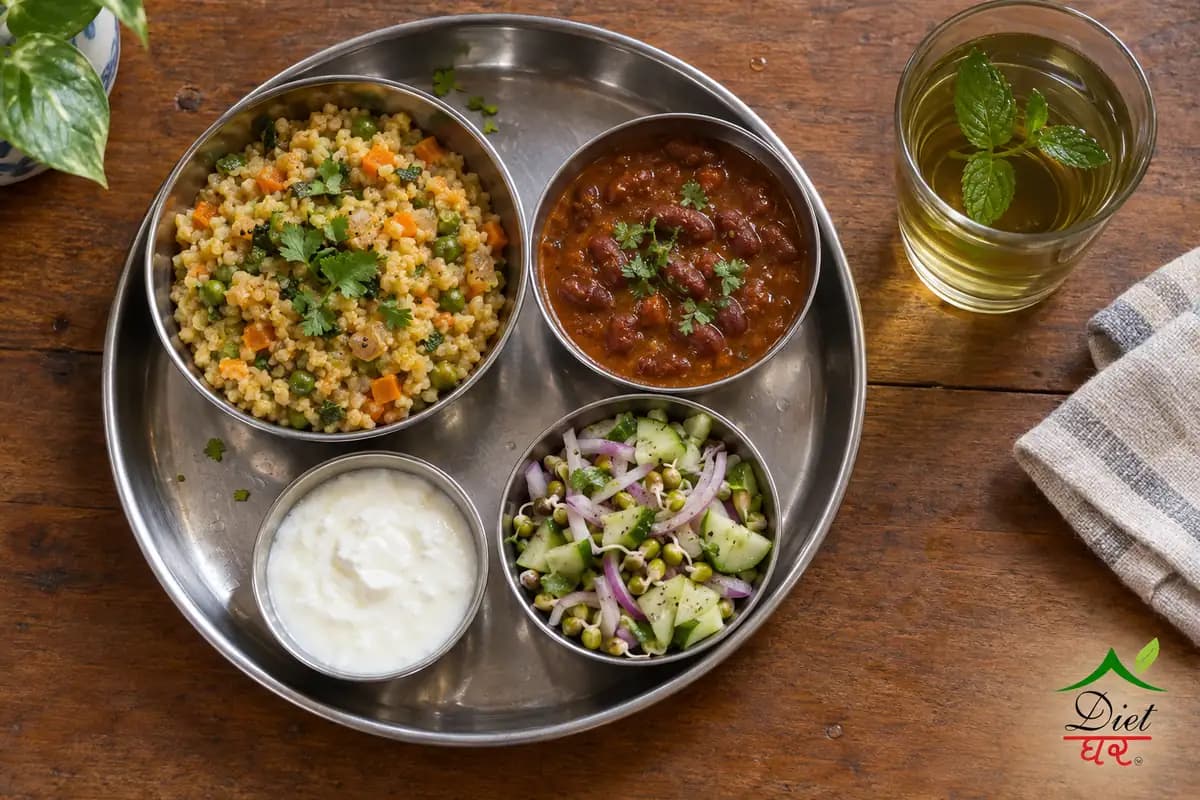 Steel thali with vegetable daliya, rajma, sprout salad and curd, with a glass of spearmint tea