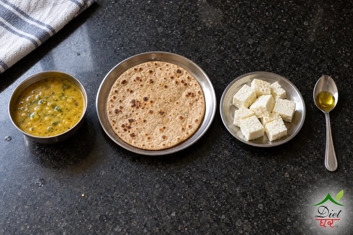 What a portion looks like: one steel katori of dal, one roti, about 100 g of paneer cubes and one teaspoon of oil