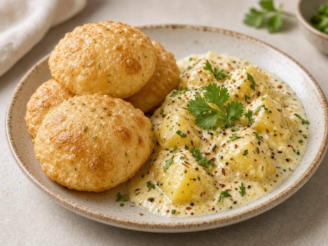 Baked Methi Aloo Puri Bites with Tangy Dahi Aloo