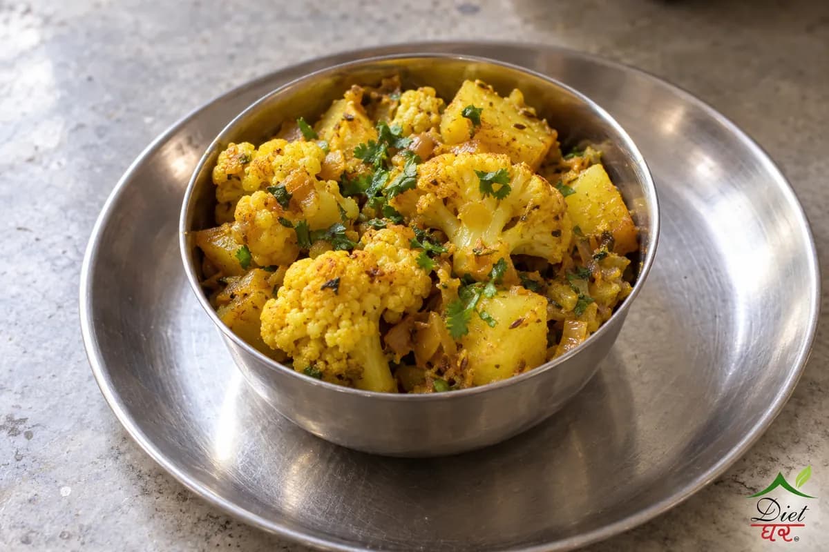 Aloo gobi, photographed as one steel katori of aloo gobi, in a home kitchen