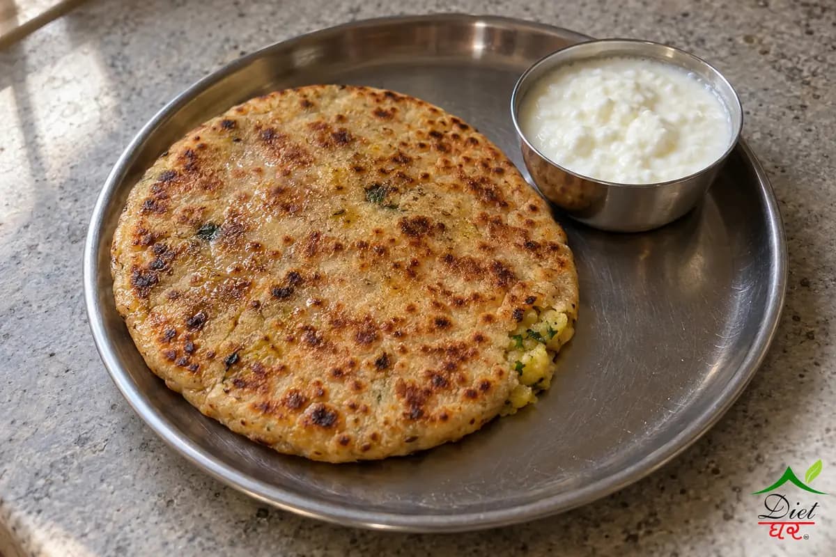 Aloo paratha, photographed as one thick aloo paratha, in a home kitchen