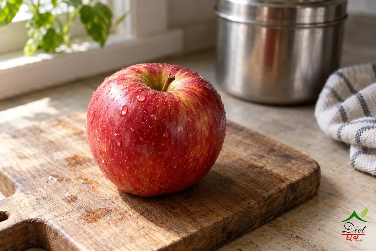 Apple, photographed as one fresh red apple, in a home kitchen
