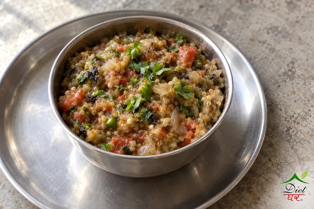 Baingan bharta, photographed as one steel katori of baingan bharta, in a home kitchen