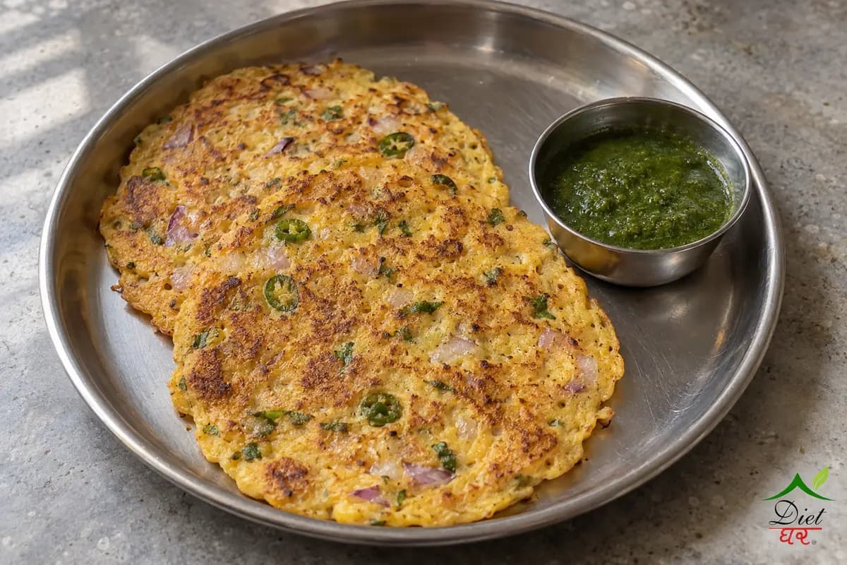 Besan chilla, photographed as two besan chilla (gram flour savoury pancakes), in a home kitchen
