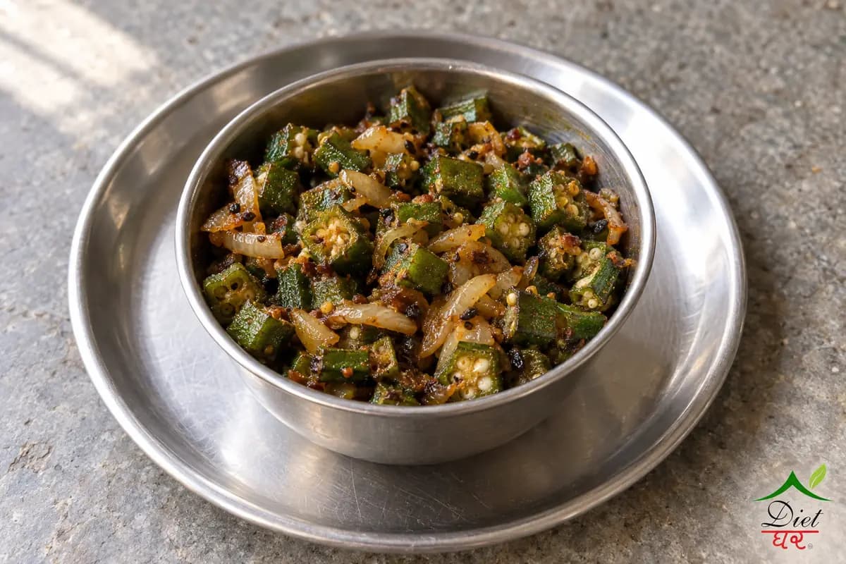 Bhindi sabzi, photographed as one steel katori of bhindi sabzi, in a home kitchen