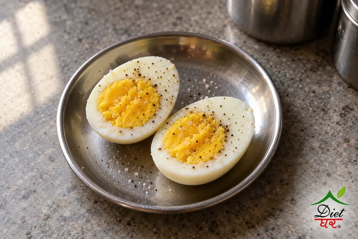Boiled egg, photographed as two halves of a boiled egg, in a home kitchen