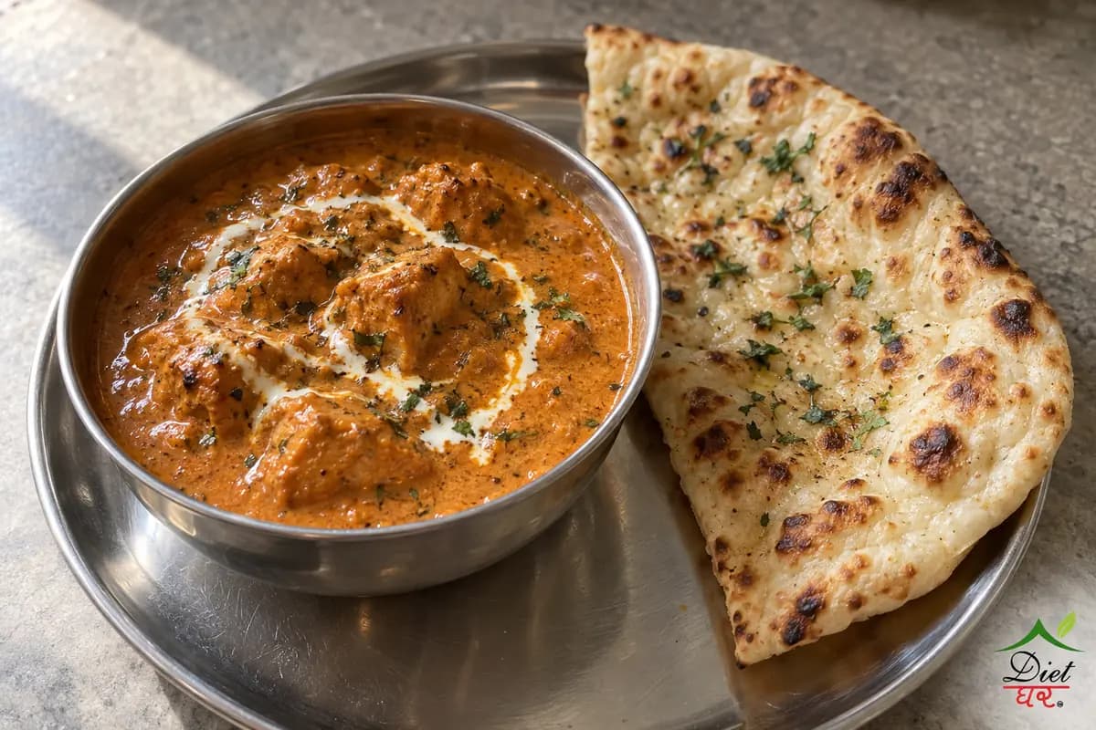 Butter chicken, photographed as one steel katori of butter chicken, in a home kitchen