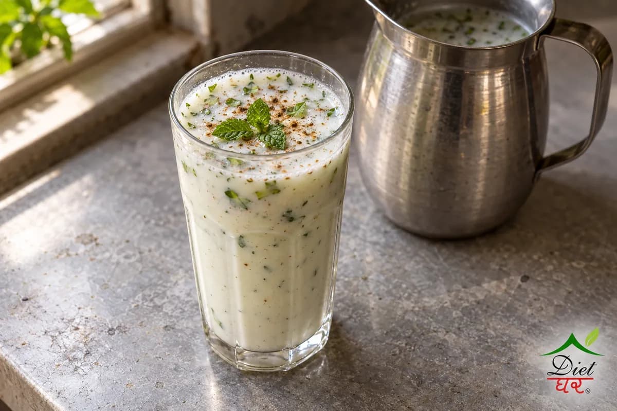 Chaas (buttermilk), photographed as one tall glass of masala chaas (buttermilk), in a home kitchen