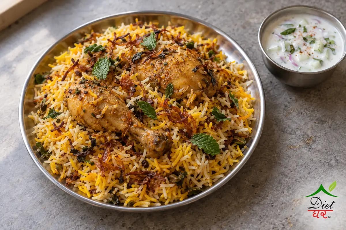 A plate of chicken biryani with fried onions and mint, with a small bowl of raita