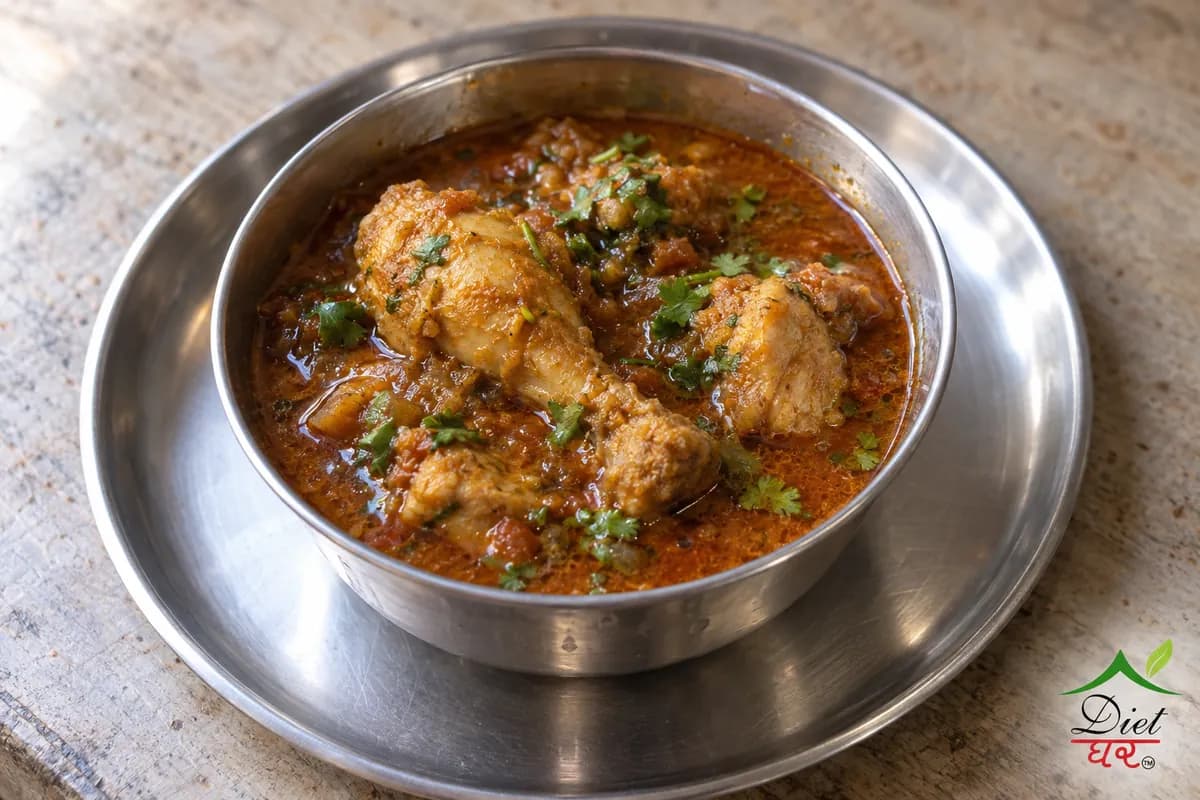 Chicken curry, photographed as one steel katori of home style chicken curry, in a home kitchen