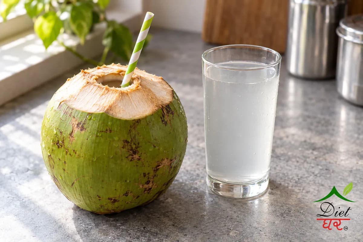 A green coconut with a straw beside a glass of coconut water