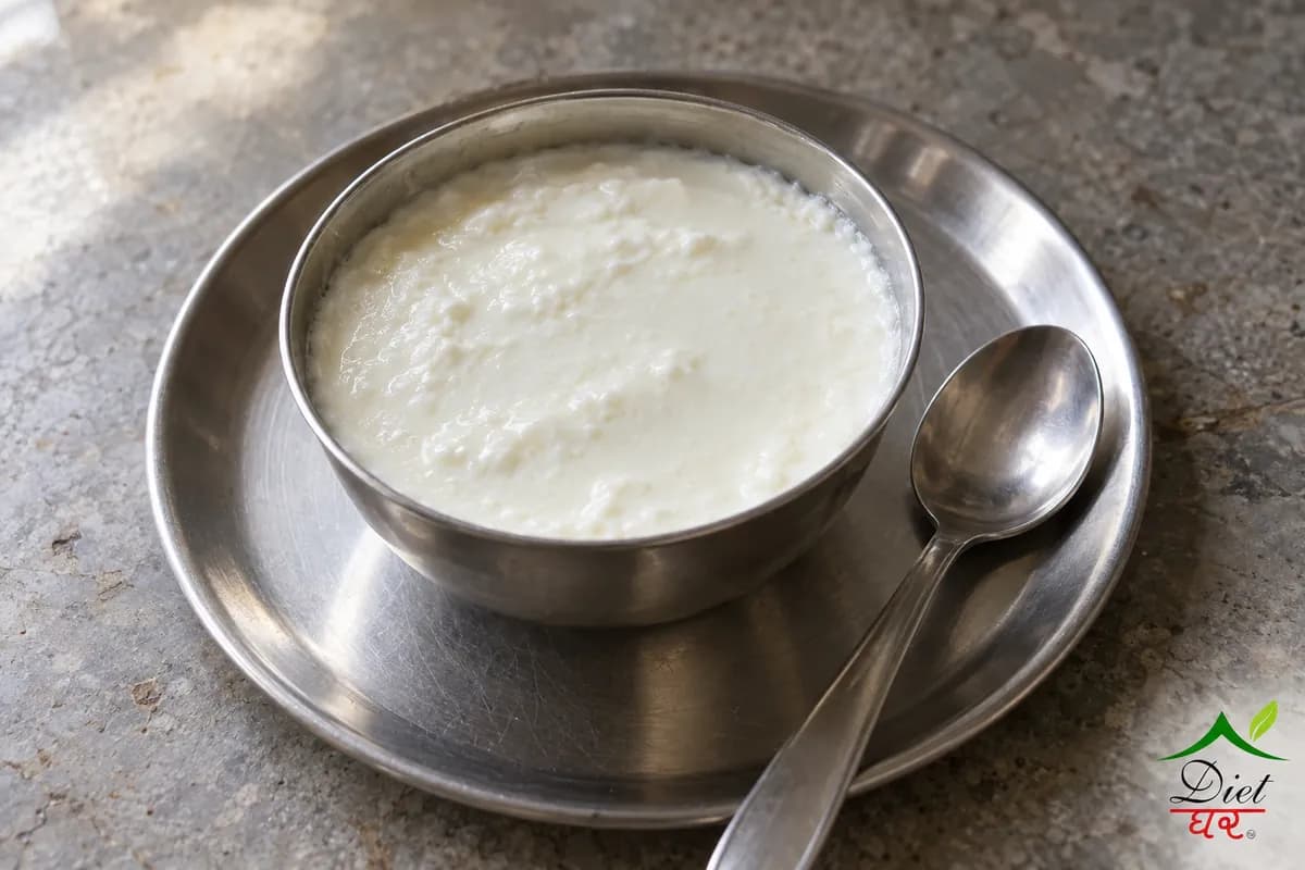 Curd (dahi), photographed as one steel katori of thick white homemade curd (dahi), in a home kitchen