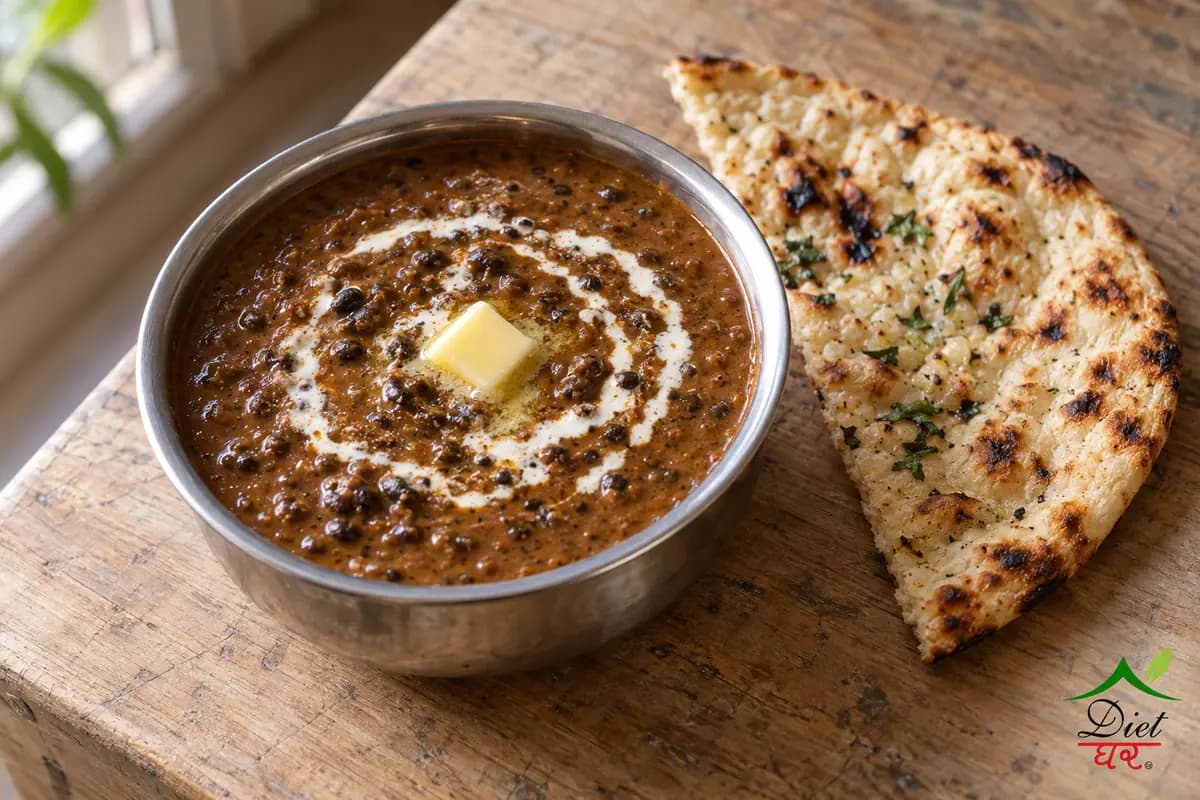 Dal makhani, photographed as one steel katori of dark creamy dal makhani, in a home kitchen