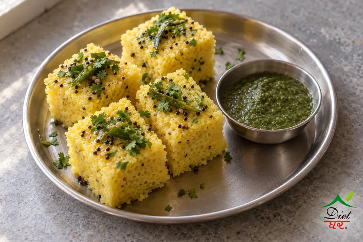 Khaman dhokla, photographed as four square pieces of yellow soft khaman dhokla, in a home kitchen