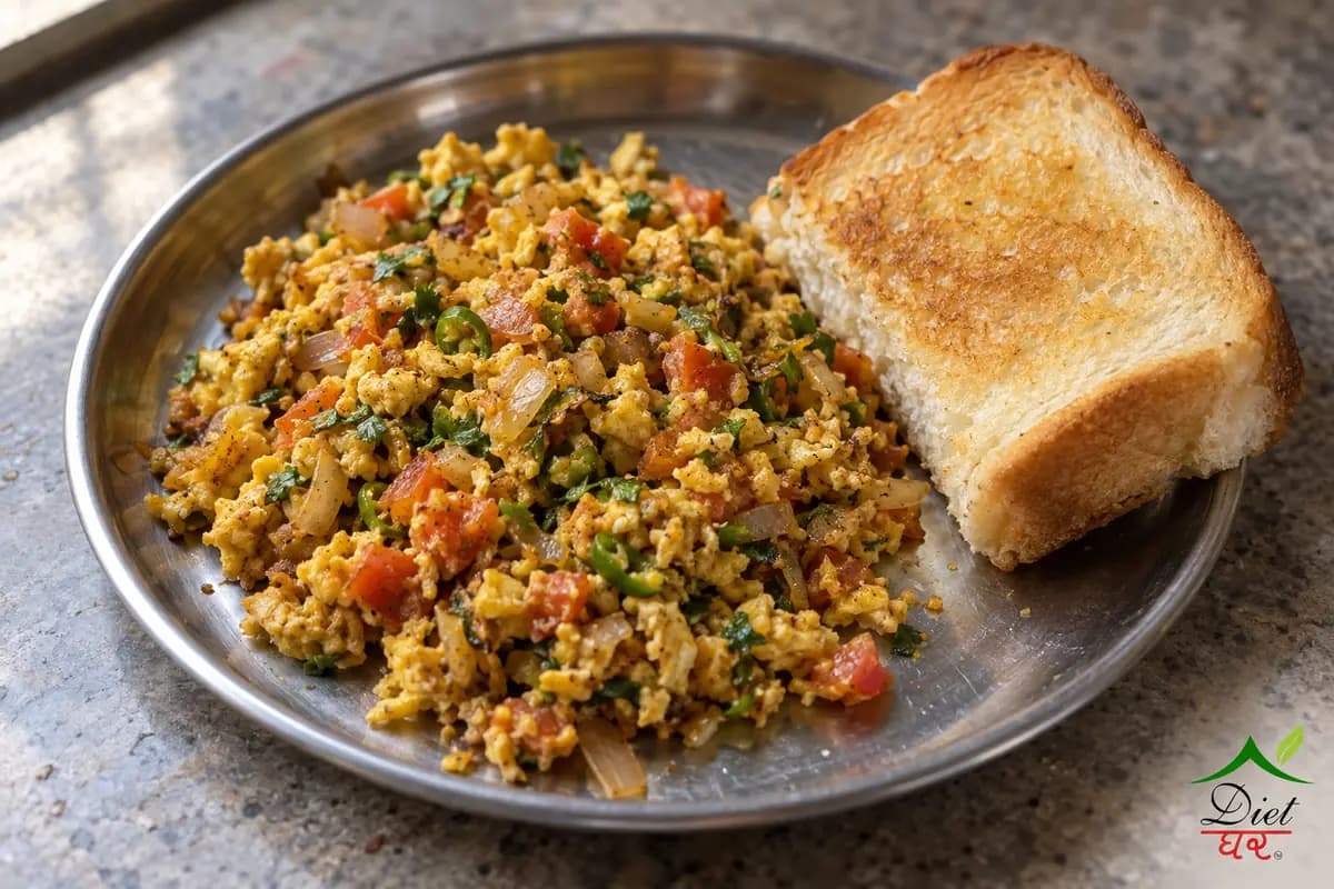 Egg bhurji with onion and tomato on a steel plate beside toasted bread