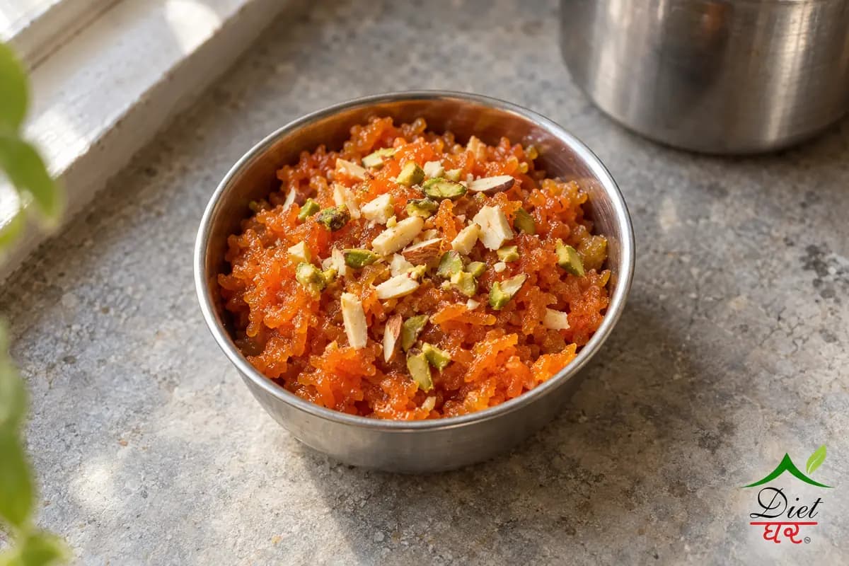 A small bowl of orange gajar halwa topped with chopped nuts