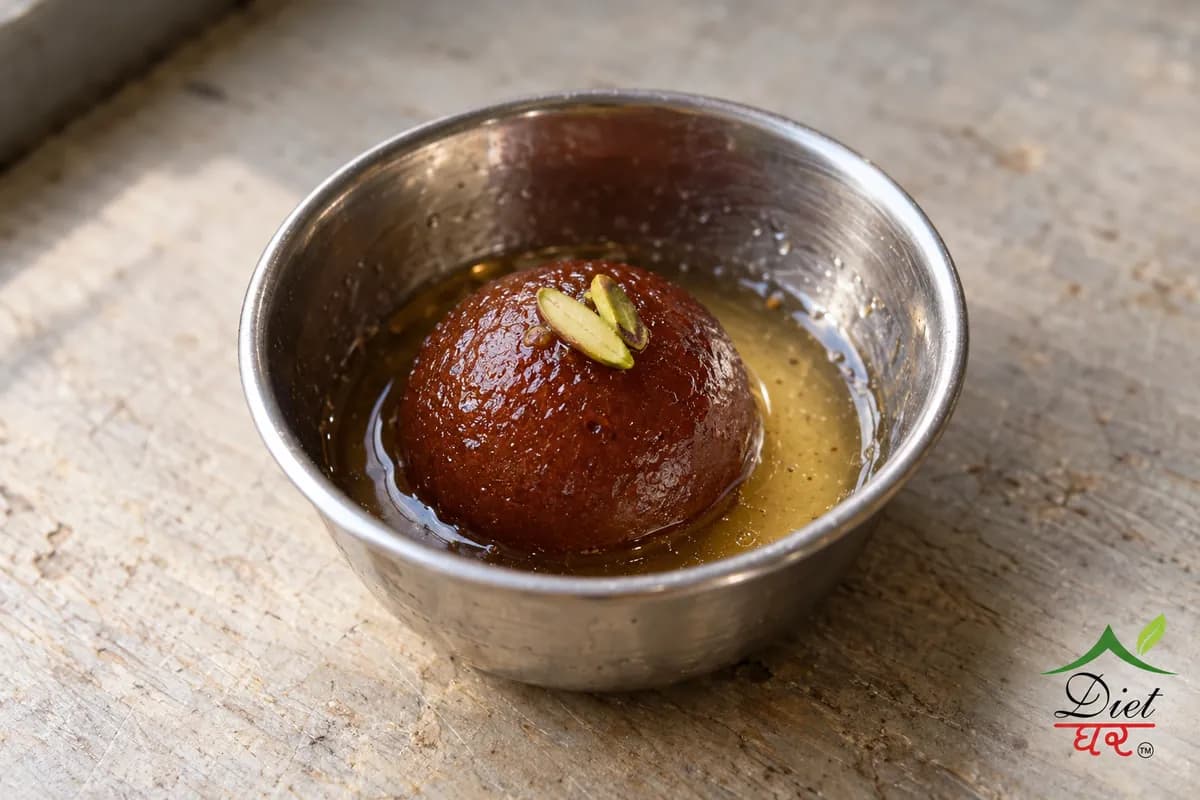 One gulab jamun in sugar syrup with a pistachio sliver in a small bowl