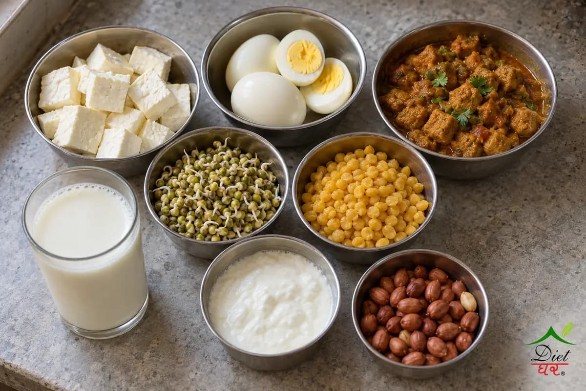 Protein rich Indian foods in steel bowls on a kitchen counter, seen from above, including paneer, boiled eggs, soya chunks, sprouts, dal and curd
