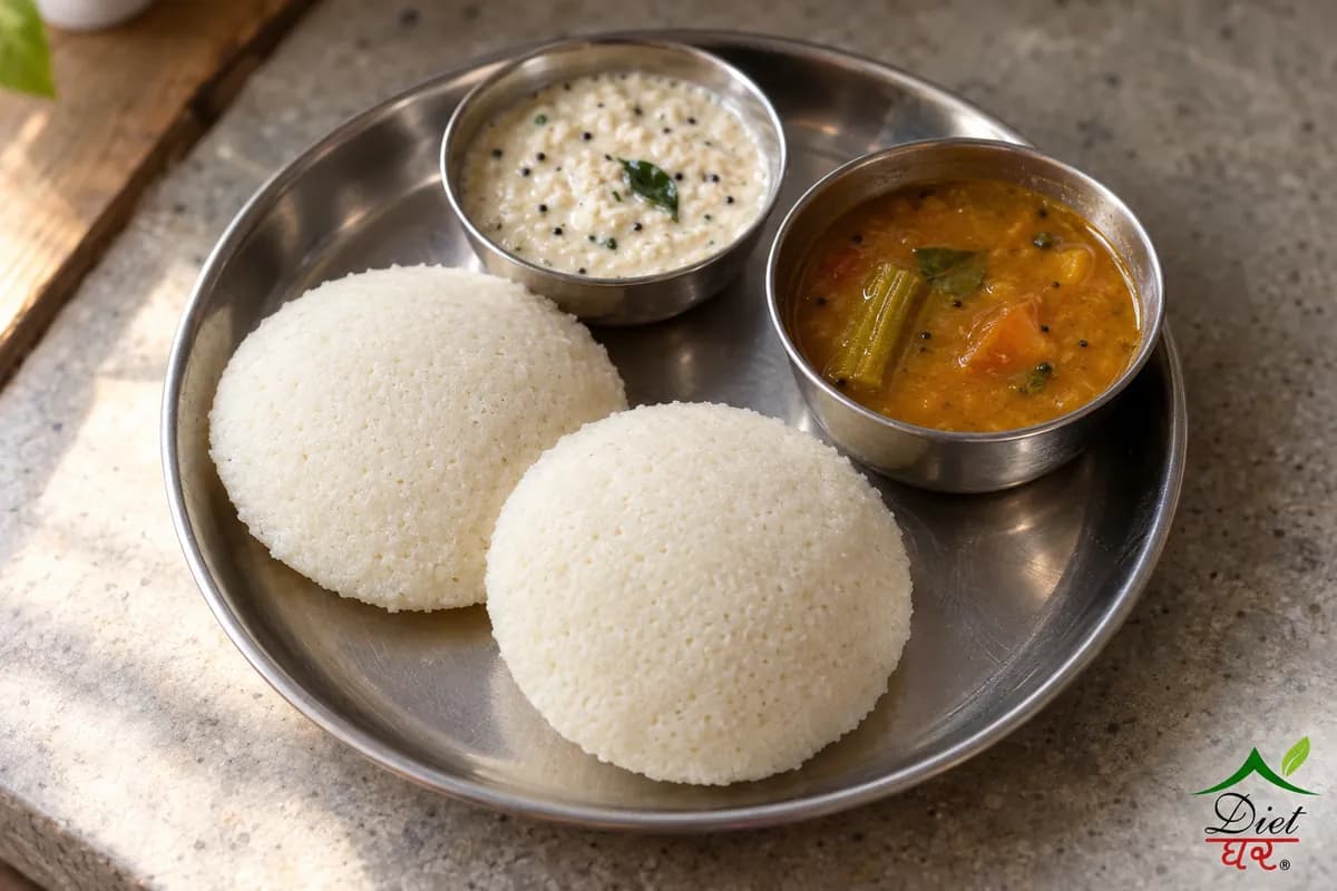 Two white idli with coconut chutney and sambar on a steel plate