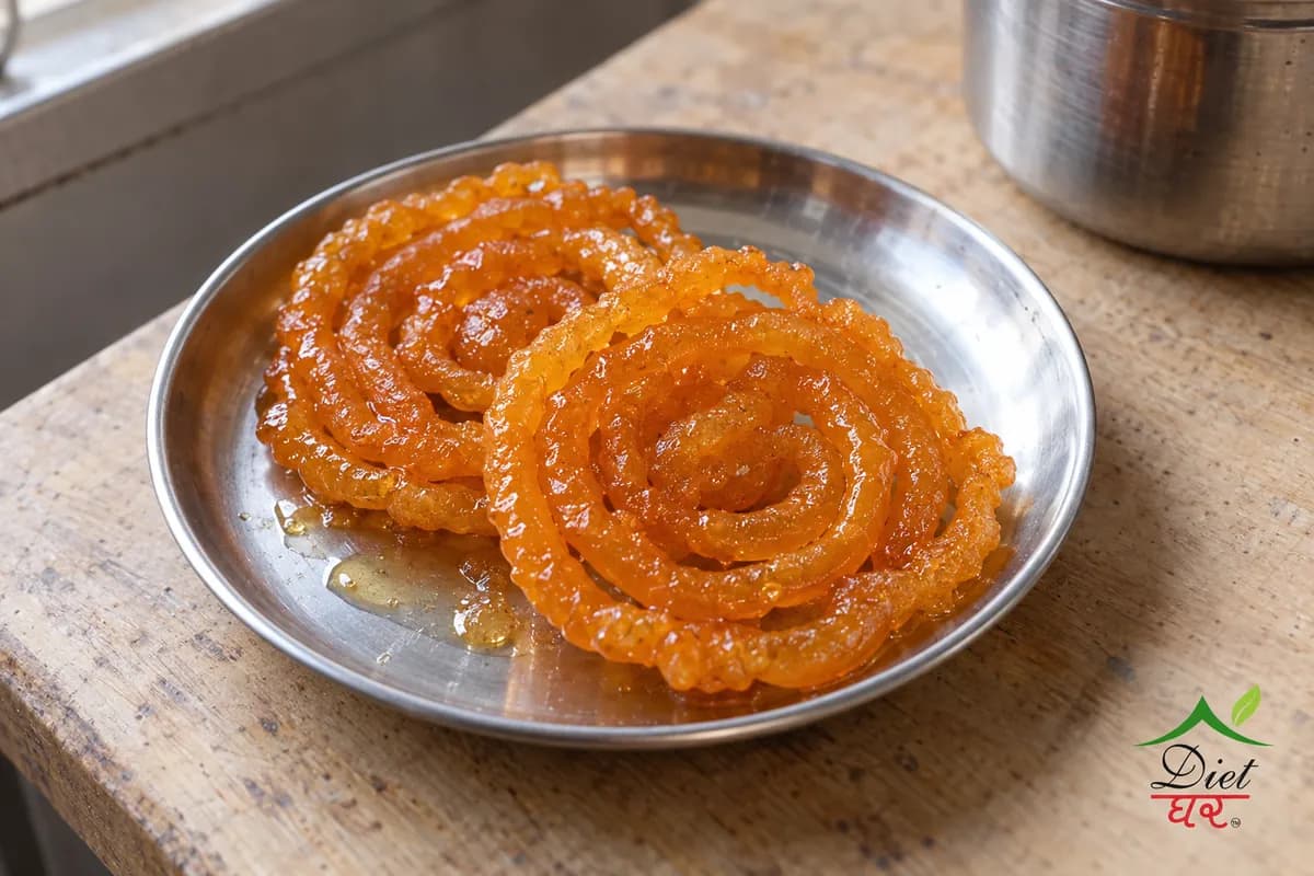 Two orange jalebi spirals glistening with syrup on a small plate