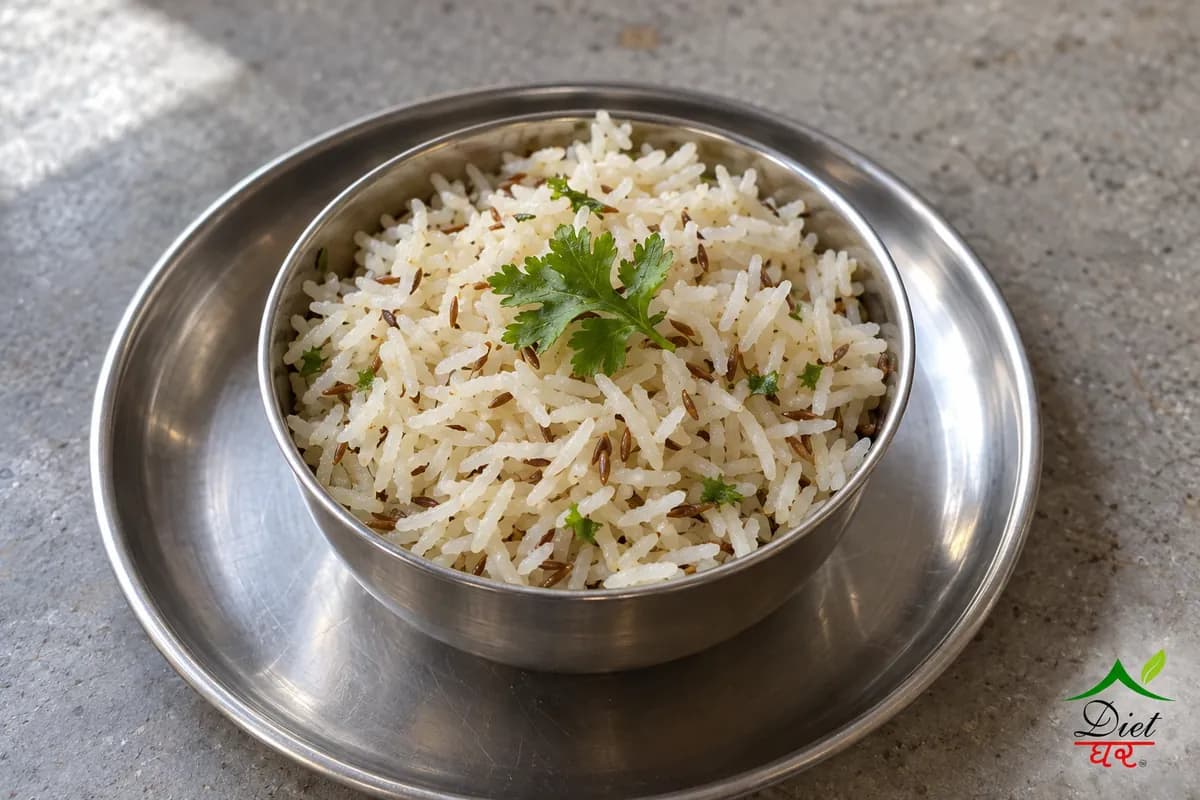 Jeera rice with cumin seeds and a coriander leaf in a steel katori