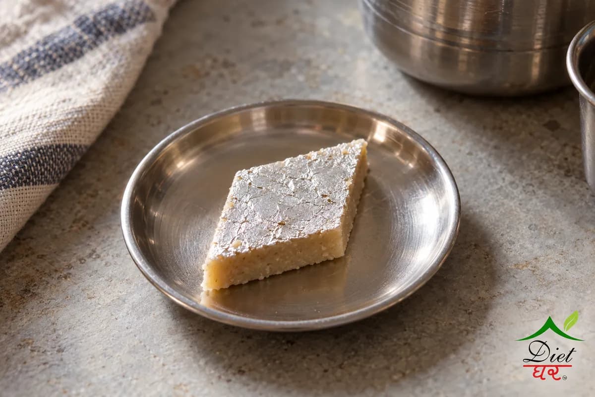 Kaju katli, photographed as one diamond shaped kaju katli piece, in a home kitchen