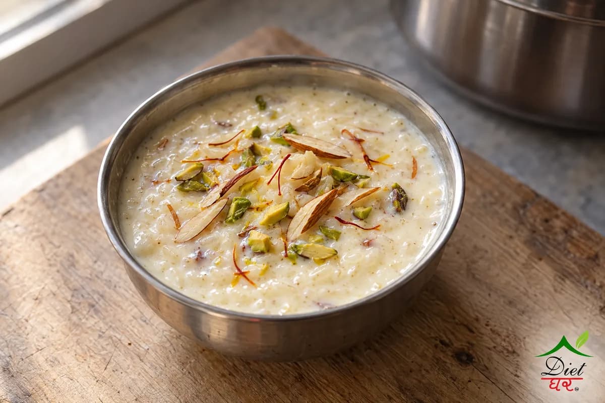 A small bowl of rice kheer topped with almonds, pistachio and saffron