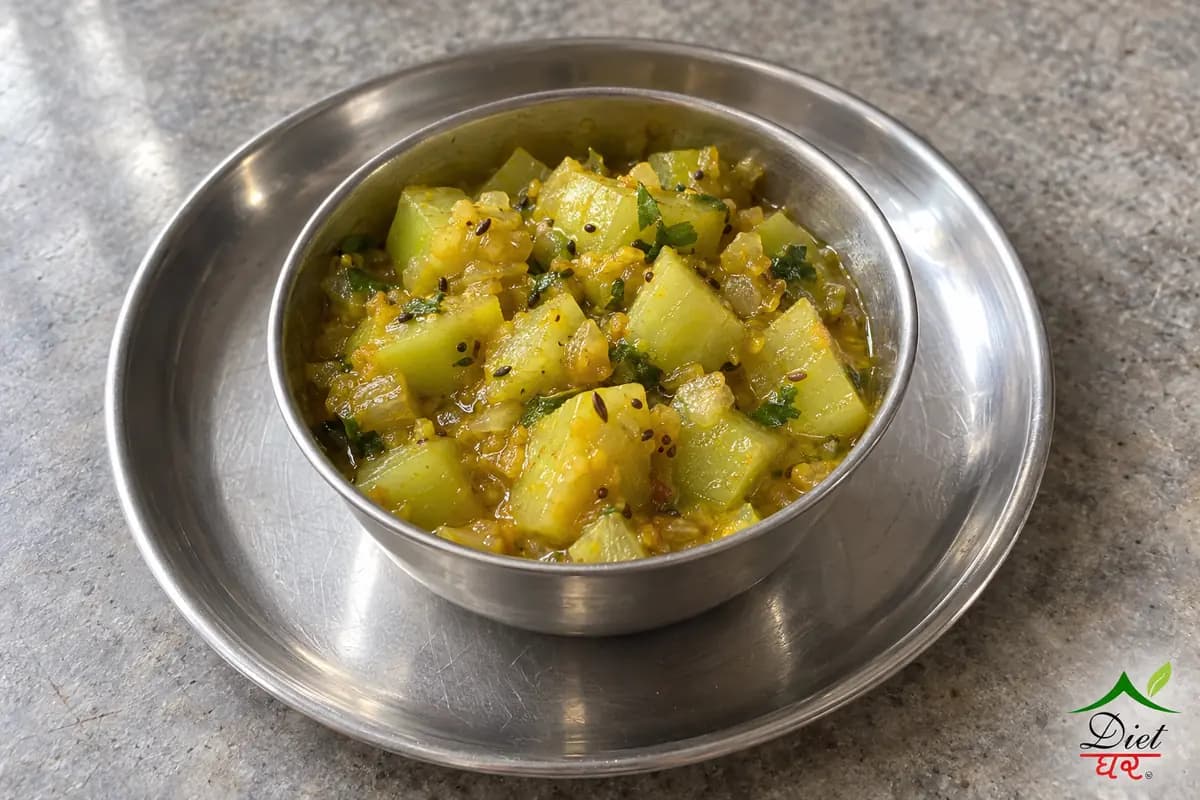 Lauki sabzi, photographed as one steel katori of lauki sabzi, in a home kitchen
