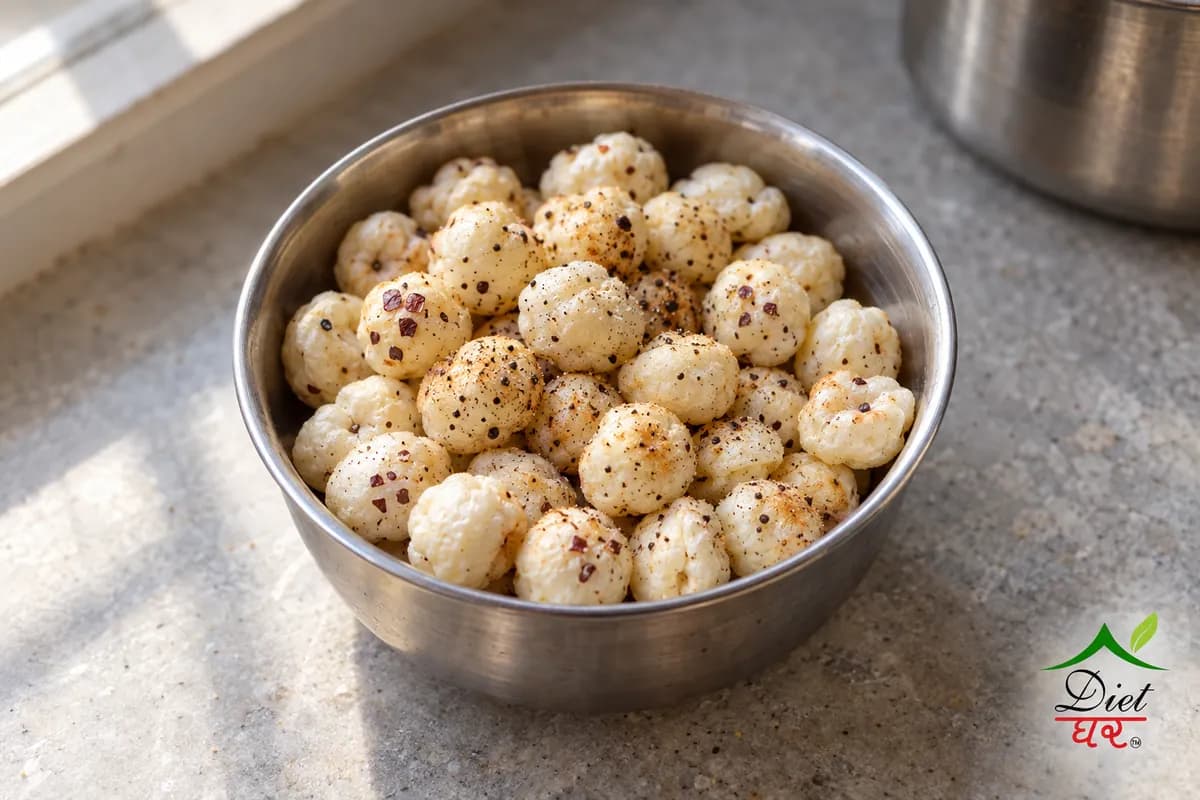 Roasted makhana with black pepper in a small steel bowl