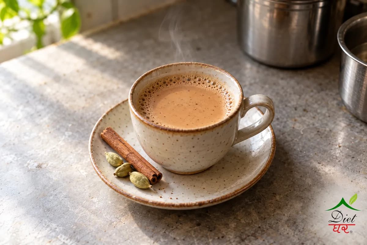 A cup of milky masala chai with cardamom pods and a cinnamon stick