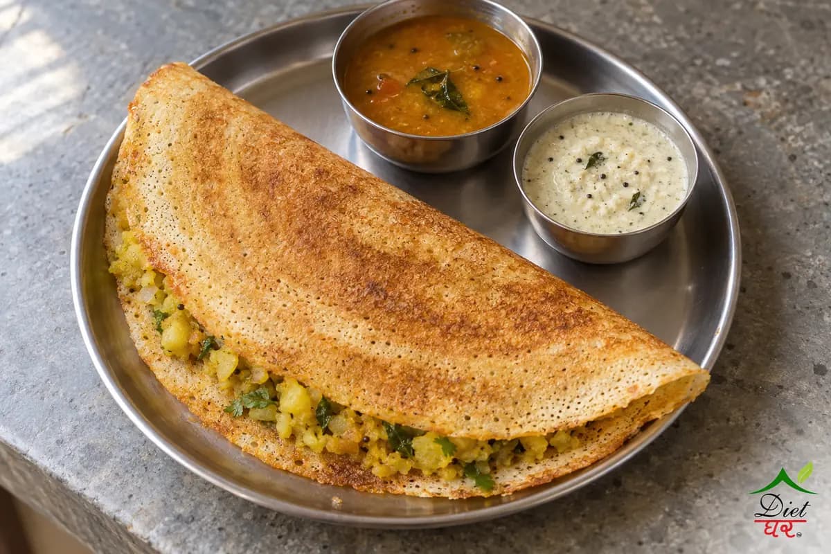A masala dosa folded over potato filling with chutney and sambar