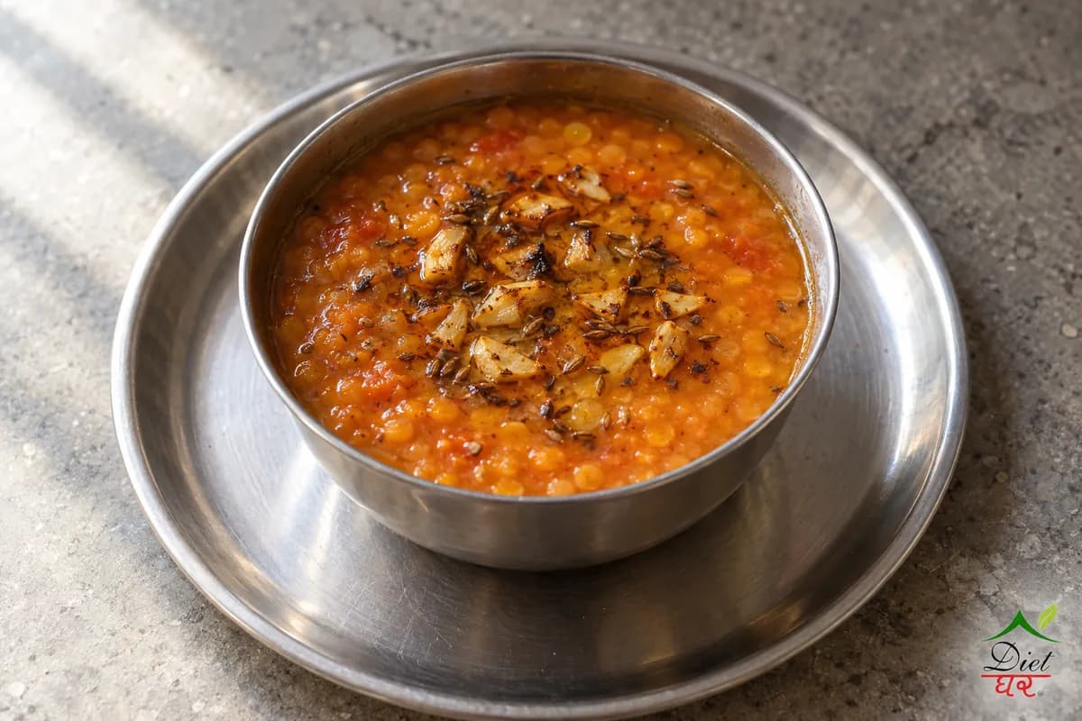 Masoor dal, photographed as one steel katori of orange red masoor dal, in a home kitchen