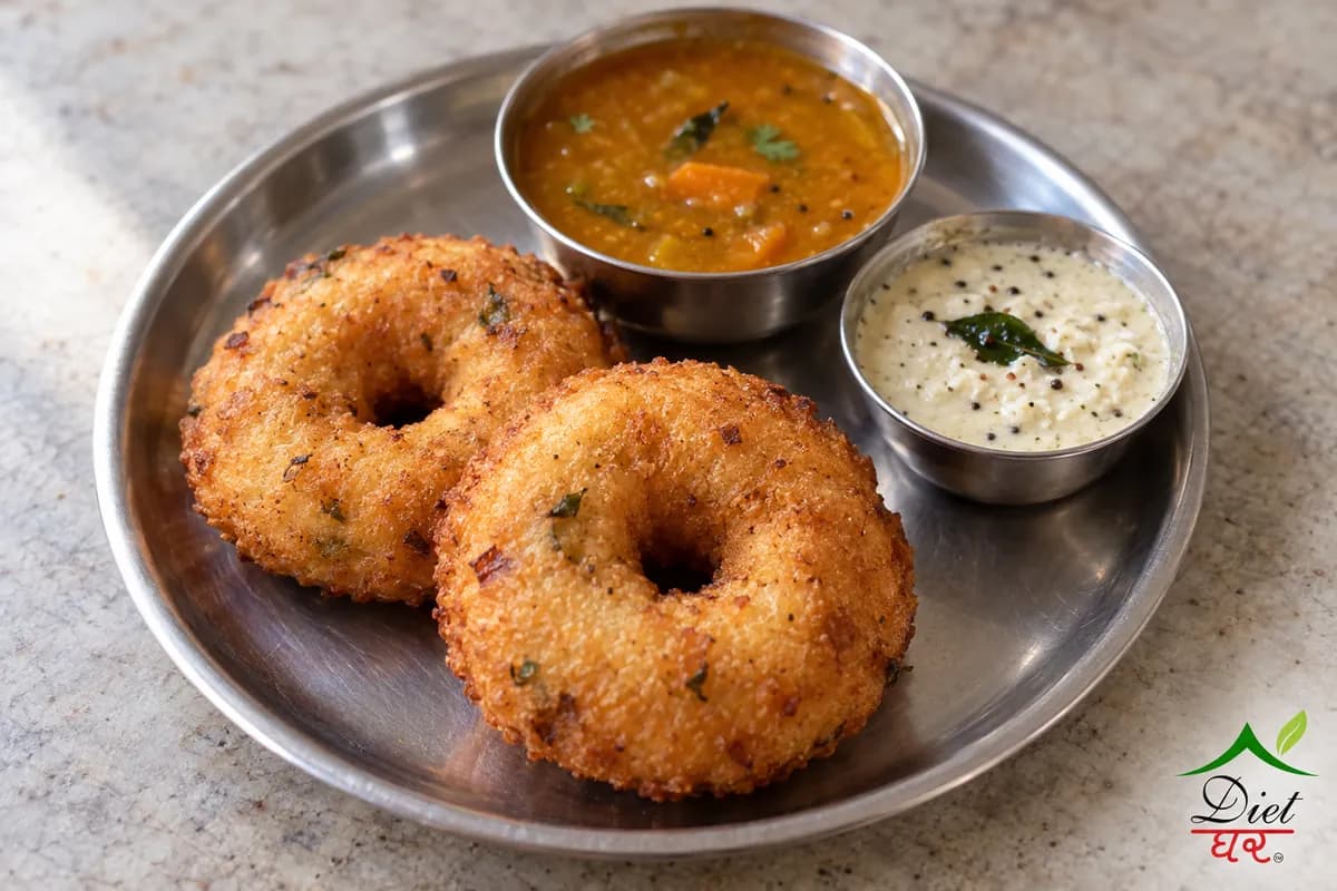 Medu vada, photographed as two golden medu vada, in a home kitchen