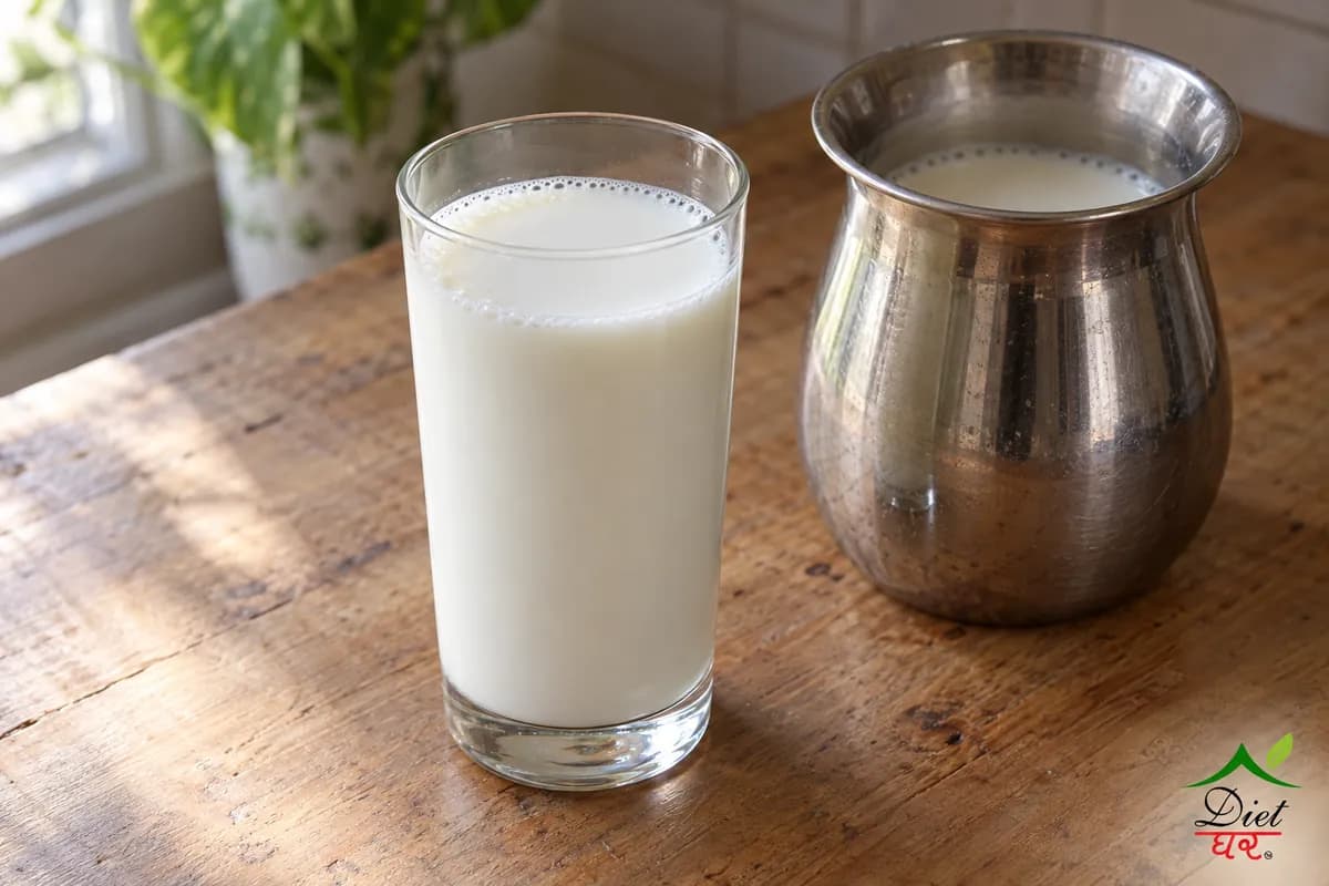 A tall glass of plain milk beside a steel jug